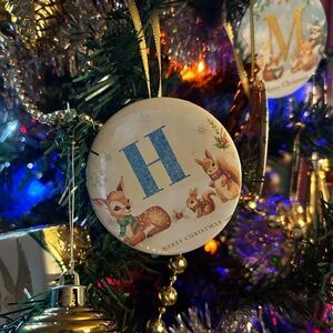 Holiday Ornament with Squirrel & Deer Design - Blue and Gold